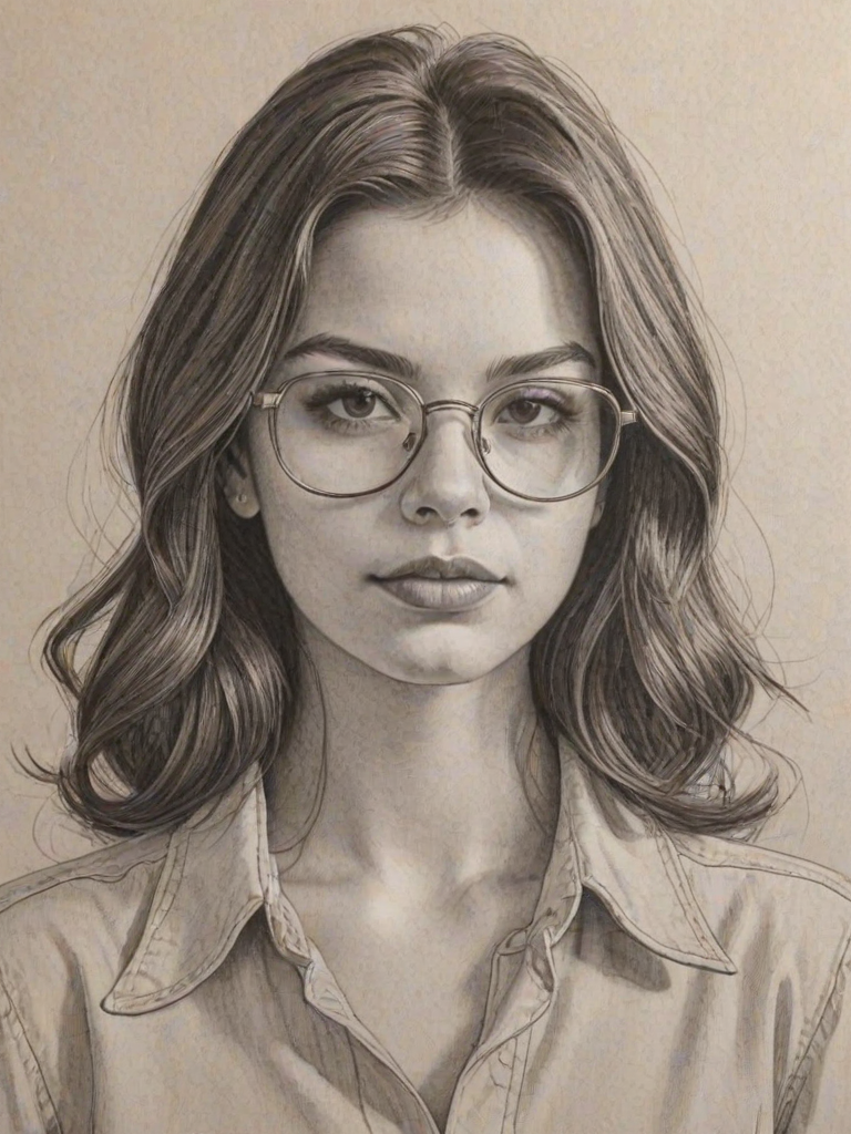 Exquisite Isabella Gomez, pencil sketch, portrait of Bewitching woman 1978s in glasses, hair style beatnik, outline, clear lines, fine lines, 8k
