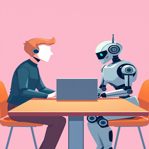Create a digital illustration of a human and a robot having a conversation at a table with a laptop between them, in a flat design style, using a 50mm lens, aperture f/4, ISO 200, and soft diffuse lighting to enhance clarity and color vibrancy.