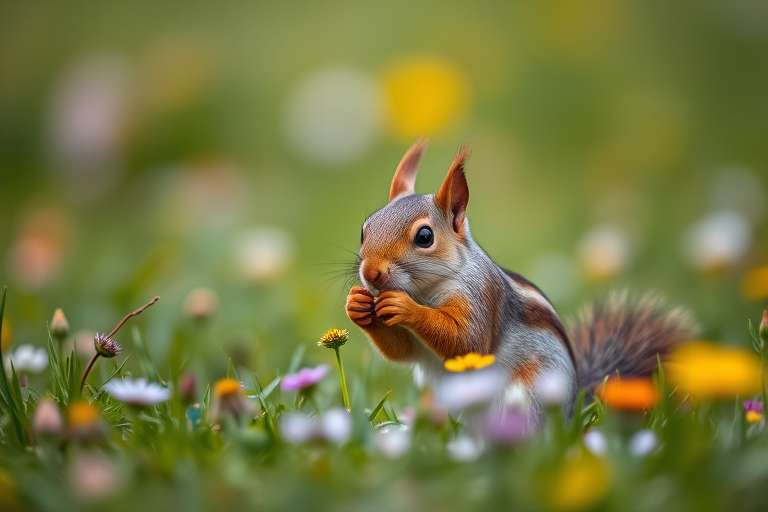 squirrel eating flowers in a vibrant grassy field, shallow depth of field, 50mm lens, f/2.8, ISO 100, natural lighting, shot from a low angle with a soft bokeh background, DSLR camera
