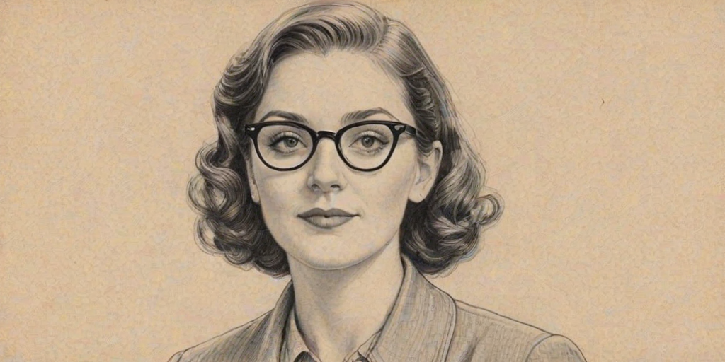 Radiant Charlotte Ritchie, pencil sketch, portrait of Pleasing woman 1941s in glasses, hair style beatnik, outline, clear lines, fine lines, 8k