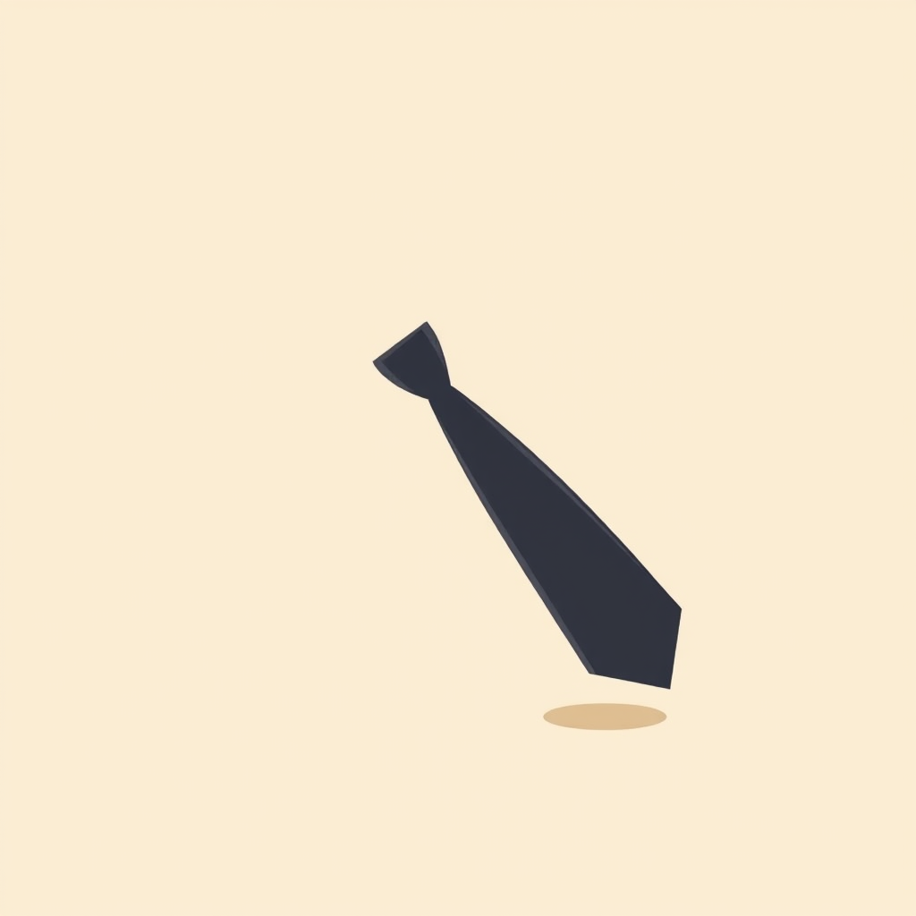 Create an illustration of a simple dark tie on a soft beige background with a 50mm lens, f/2.8 aperture, ISO 100, natural soft lighting, a slight shadow beneath the tie, and a minimalist design style.