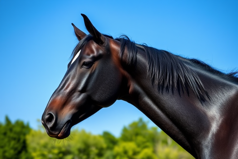 Generate an image of a close-up of a black horse's head against a clear blue sky and green trees in the background.