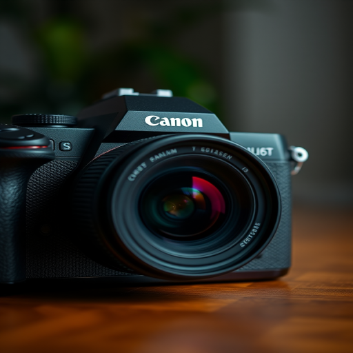 Capture a high-resolution image of a DSLR camera from a slightly elevated angle, using a 50mm lens at f/1.8, ISO 200, and a shutter speed of 1/125 sec, with soft diffused lighting to enhance details and texture.
