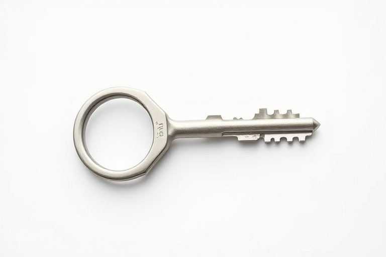 Create a high-resolution image of a silver key with a circular handle, captured from a slightly elevated angle using a Canon EOS R5 camera with a 50mm f/1.8 lens at ISO 100, aperture f/2.8, and shutter speed 1/200 sec, against a white background for contrast.
