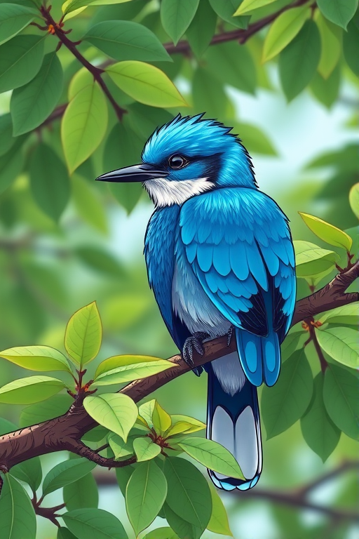 Create a vibrant cartoon-style illustration of a blue bird perched on a tree branch, with lush green leaves, showing intricate feather details and bright colors, captured in high resolution with a DSLR camera, using a 50mm lens, f/2.8 aperture, ISO 100, under natural lighting conditions.