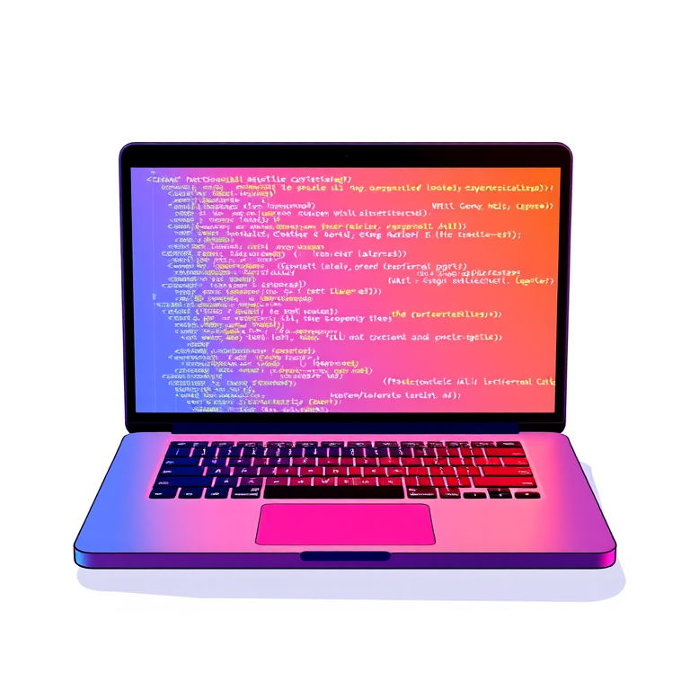 create a high-resolution digital illustration of an open laptop displaying coding symbols on the screen, using a top-down view, with vibrant colors and clean lines, shot on a DSLR camera with a 50mm lens, aperture f/1.8, ISO 100, and natural soft lighting to enhance clarity and detail.