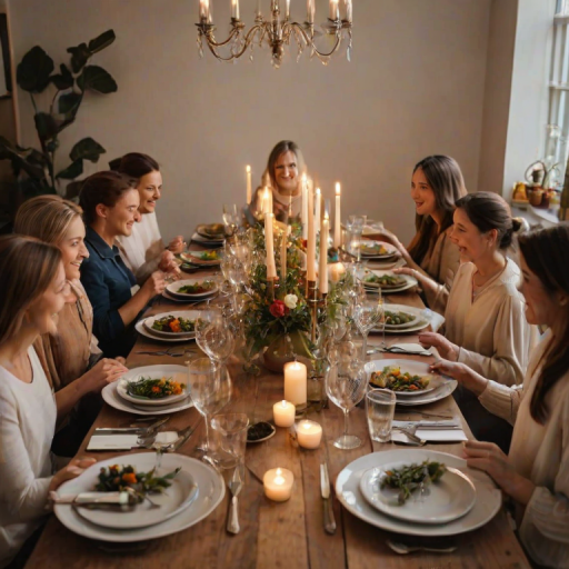 Beautifully arranged table for a family dinner, with candles flickering, delicious dishes served, and laughter filling the room, evoking a sense of togetherness.