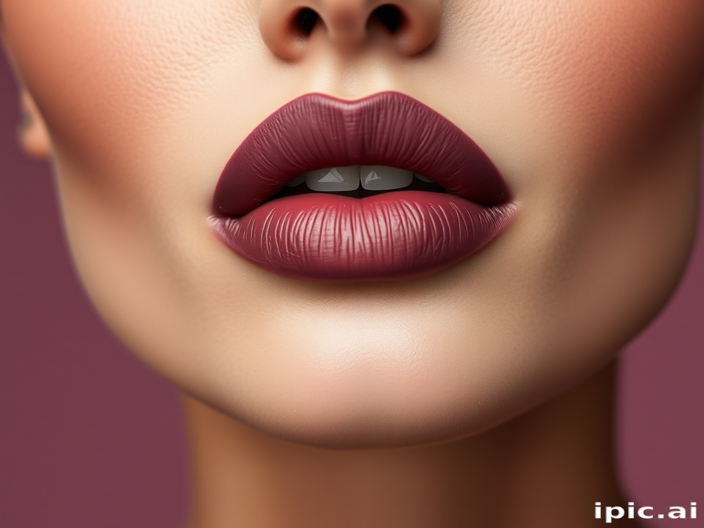 Elegant matte mauve lips featuring a subtle ombre effect, expertly lined and shaped to perfection, exuding sophistication in a high-fashion editorial style photograph