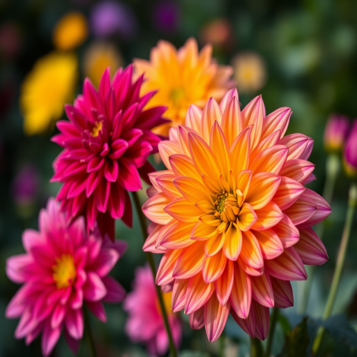 close-up of vibrant dahlia flowers in a garden with soft bokeh background, f/1.8 aperture, ISO 100, 50mm prime lens, natural light, DSLR camera with macro settings