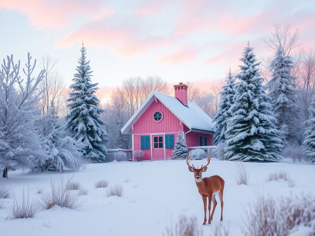 Create a vibrant winter landscape featuring a charming pink cottage surrounded by snow-covered trees and a deer in the foreground, with soft pastel colors in the sky, using a DSLR camera with an aperture of f/2.8, ISO 100, 50mm lens, in landscape orientation, employing a shallow depth of field for enhanced clarity.