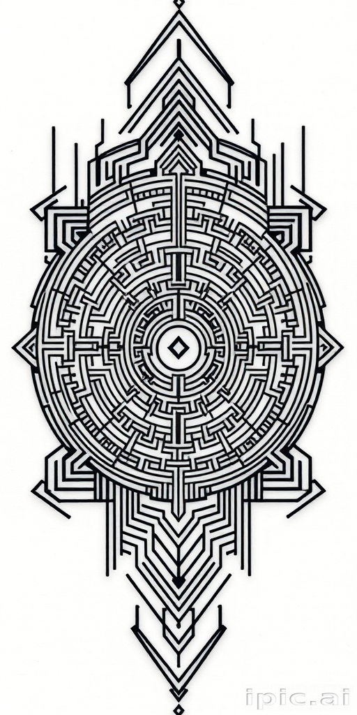 Intricate blackwork tattoo called "Geometric Labyrinth" showcasing a complex maze-like pattern of interconnected lines and shapes forming a mesmerizing optical illusion with bold contrasts and precise symmetry