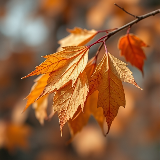 capture a close-up of dry autumn leaves on a branch with a blurred background, use a Canon EOS 5D Mark IV camera with a 50mm f/1.8 lens, aperture at f/2.8, shutter speed at 1/200s, ISO 100, natural light, focus on the details of the leaves.