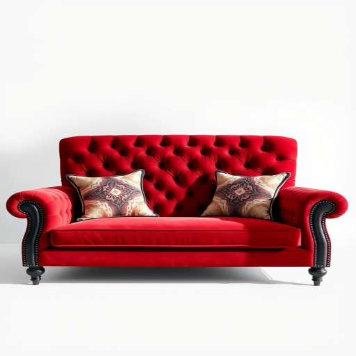 regenerate a luxurious red velvet tufted sofa with black accents and two decorative pillows, shot with a DSLR camera, ISO 100, f/2.8 aperture, 50mm lens, in soft natural lighting, capturing a frontal view with a clean background to enhance detail and texture.