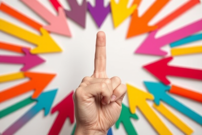 Create an image of a hand pointing upward surrounded by colorful arrows in different directions, with a soft focus background, using a DSLR camera, aperture f/2.8, ISO 100, shutter speed 1/125s, and a macro lens for enhanced detail.