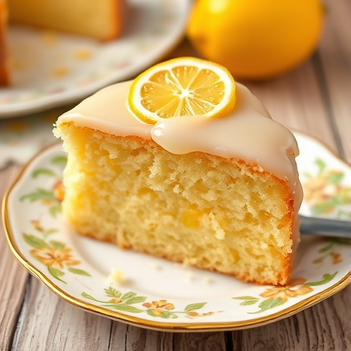 A slice of lemon cake topped with a shiny lemon glaze and garnished with a lemon slice on a decorative plate with a whole lemon in the background. The cake has a light golden color and a moist texture, placed on a rustic wooden table.