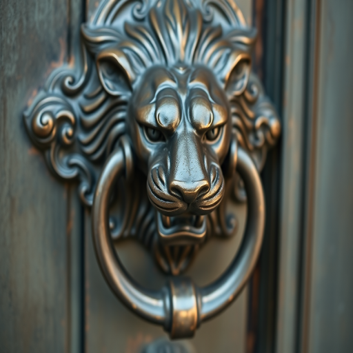A detailed close-up shot of an ornate lion door knocker made of patinaed bronze, captured with a Canon EOS R5, 85mm lens, f/1.8 aperture, ISO 100, soft natural lighting, and a shallow depth of field to emphasize texture and details.
