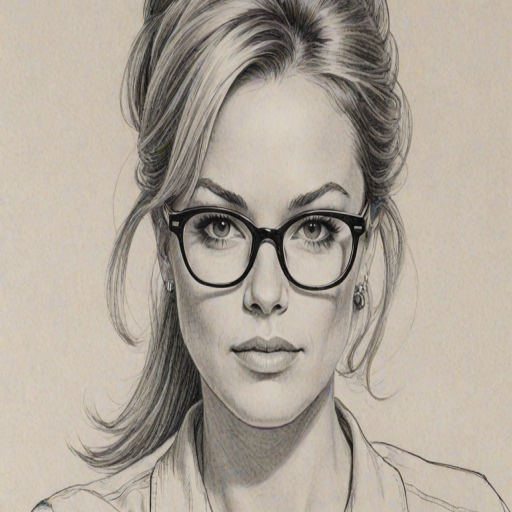 Alluring Andrea Anders, pencil sketch, portrait of Fascinating woman 1963s in glasses, hair style beatnik, outline, clear lines, fine lines, 8k