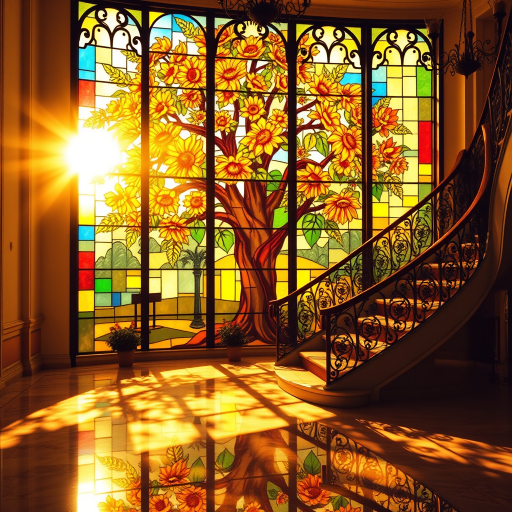 A stained glass window featuring a large, vibrant tree with blooming sunflowers as its focal point. The sunlight passes through the glass, casting multicolored shadows across the floor and a grand, curved staircase with ornate iron railings. The overall ambiance is warm, with golden sunlight enhancing the vivid colors of the stained glass, creating a serene and artistic atmosphere in a spacious room with polished marble floors. The scene is elegant and peaceful, with a blend of nature and architectural beauty.