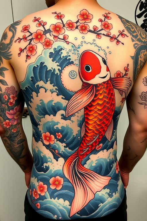 Japanese-inspired irezumi tattoo named "Koi's Ascension" featuring a large-scale, full-body design of a vibrant koi fish swimming upstream through turbulent waves and cherry blossoms, symbolizing perseverance and transformation, with bold colors and flowing lines characteristic of traditional Japanese tattooing techniques