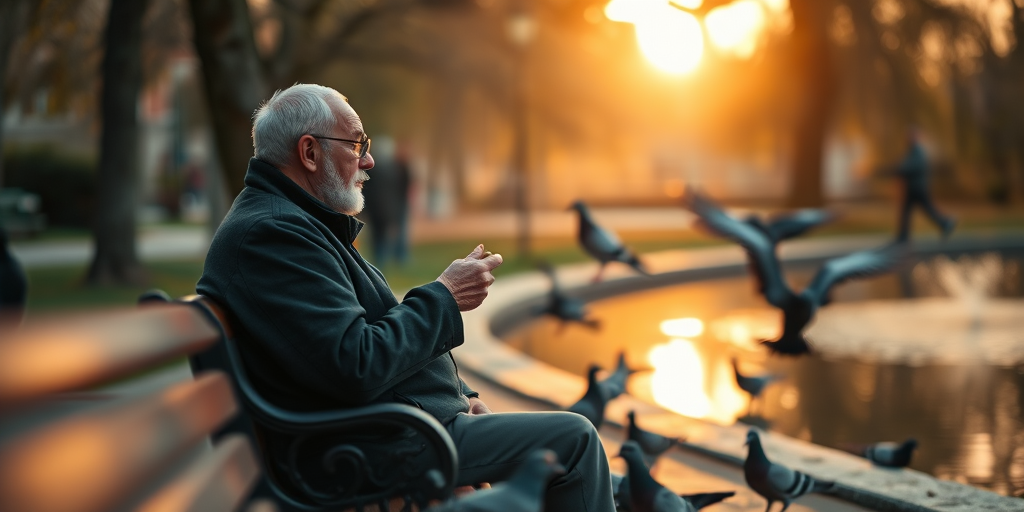 Blurry candid shot of an old man sitting on a park bench feeding pigeons, soft golden light from the setting sun reflecting off the nearby pond, with trees softly swaying in the background.