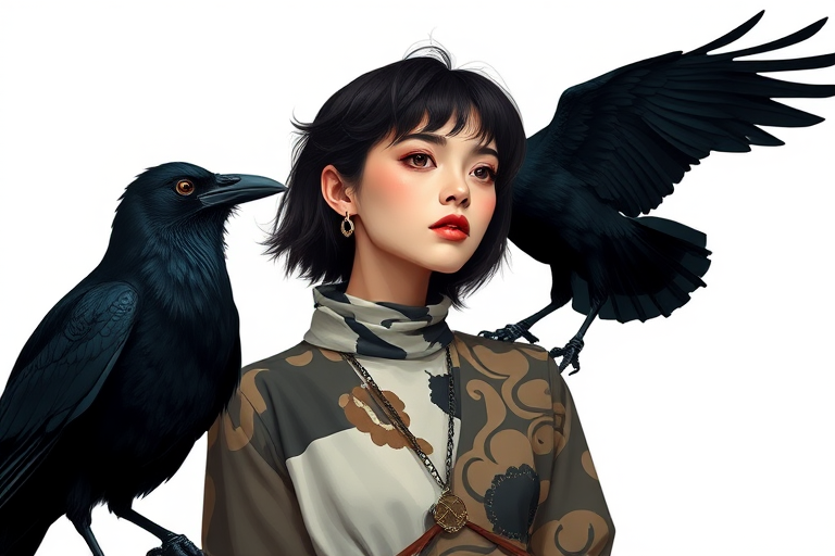 create a digital art illustration of a young woman in a stylish layered outfit with abstract patterns, two crows perched beside her, using a Canon EOS R5 with a 50mm lens, aperture set to f/1.8, ISO 100, natural lighting, in a minimalist studio setting for enhanced image quality