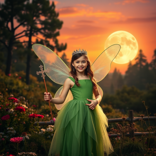 A vivid photo  taken under a bright camera flash of a fantastical scene set against a backdrop of a forest during sunset. The main subject is a girl dressed as a fairy, adorned with translucent wings and a green dress, holding a wand, her face is happy, and she wears a crown on her head. The forest behind her is a blend of flowers, shrubs and trees. The sky is painted in hues of orange and pink, with a large, glowing moon casting a warm glow over the scene. The overall color palette is dominated by earthy tones.