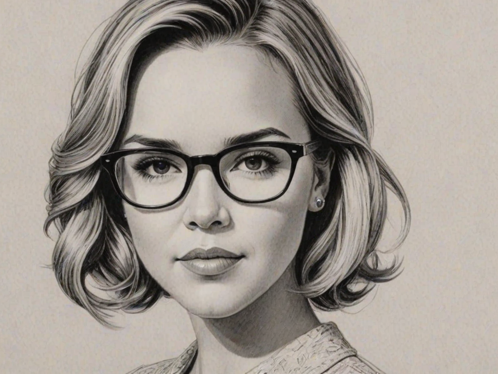 Graceful Arielle Kebbel, pencil sketch, portrait of Charming woman 1958s in glasses, hair style beatnik, outline, clear lines, fine lines, 8k