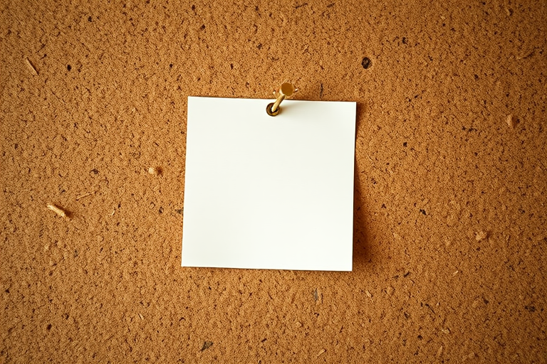 Create an image of a blank sticky note pinned to a corkboard, shot with a Canon EOS R5, 50mm lens, f/2.8 aperture, ISO 100, natural lighting, focused on the note with a soft blurred background.