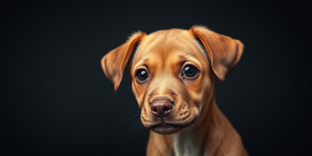 portrait of a brown puppy with a focused expression against a dark background, shallow depth of field, 50mm lens, f/1.8, ISO 100, soft studio lighting, DSLR camera
