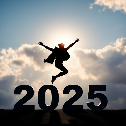 A silhouette of a person jumping over the years 2024 and 2025, with a blue sky background featuring clouds and a sun, shot with a DSLR camera at f/8 aperture, 1/200 sec shutter speed, ISO 100, 50mm lens, in landscape orientation for enhanced clarity and depth.