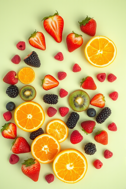 Create a vibrant and colorful flat lay of assorted fruits including strawberries, oranges, kiwis, blackberries, and raspberries arranged on a light green background, shot with a DSLR camera using a 50mm lens, aperture f/2.8, ISO 100, and natural lighting for enhanced clarity and color saturation.
