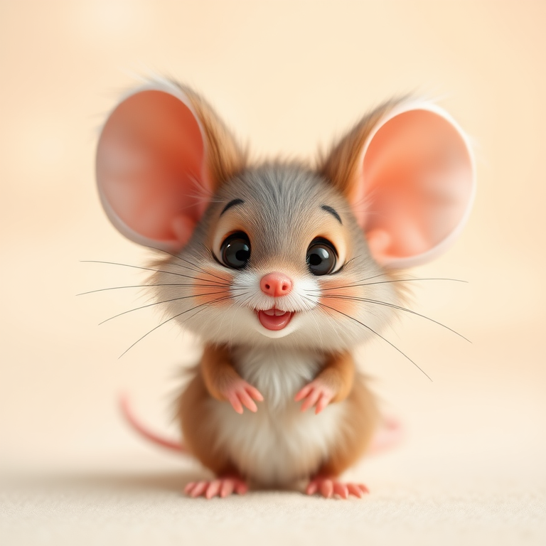 Create a cute, fluffy cartoon mouse character with large ears and a cheerful expression, set against a soft beige background, captured with a DSLR camera at f/2.8, 50mm lens, portrait view, soft focus style for enhanced quality.