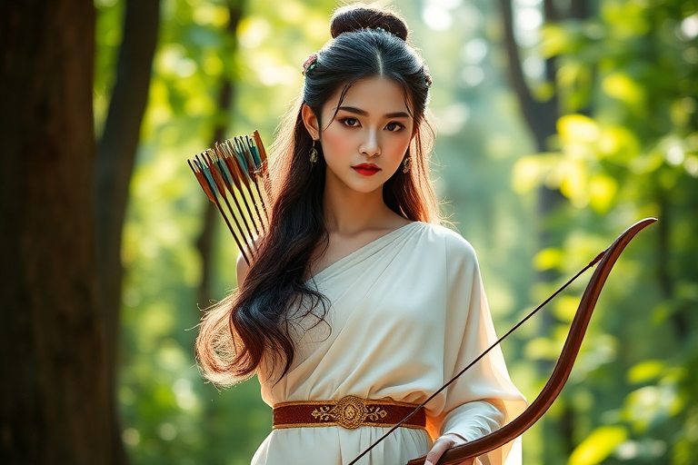 Create a portrait of a goddess-like Chinese girl figure in a tranquil, forested environment. She has an elegant appearance with long, wavy hair styled in an updo and adorned with a delicate, floral headband. She wears a flowing, ancient Greek-inspired gown in a soft, pale color, featuring a one-shoulder design and draped fabric that accentuates her graceful form. The outfit includes a decorative belt with ornate gold detailing, and she holds a bow in her hand, with a quiver of arrows slung over her shoulder. The background depicts lush greenery, with sunlight filtering through the trees, casting a gentle, ethereal light on the scene. Her expression is calm and contemplative, embodying a sense of wisdom and serenity.
