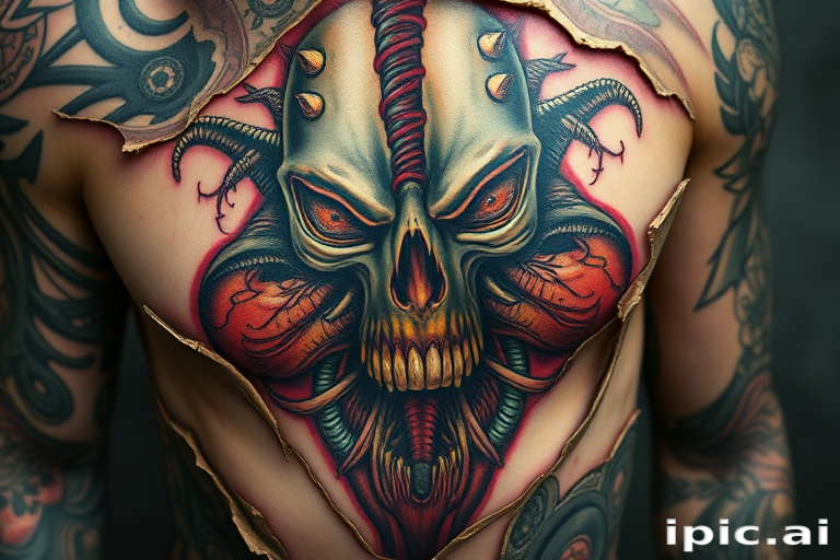 Biomechanical horror tattoo revealing grotesque alien anatomy beneath torn skin, incorporating hyperrealistic textures and vibrant colors for a truly unsettling