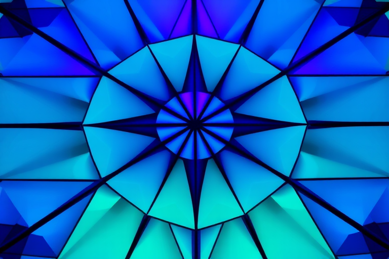 Create a vibrant abstract geometric pattern using shades of blue, green, and purple with high contrast, low angle view, using a Canon EOS R5, f/8 aperture, ISO 100, 24mm lens, capturing intricate details and sharp lines.