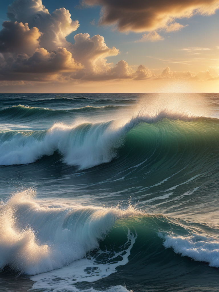 Majestic Ocean Waves Dancing Under a Vibrant Sunset Sky at Dusk