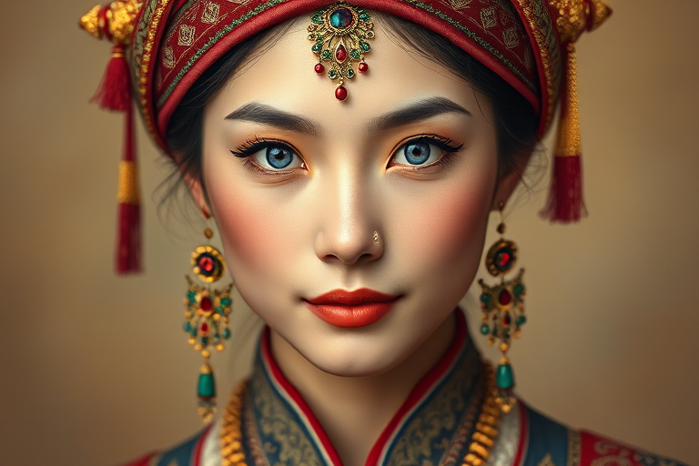 Create a portrait of a beautiful Manchu woman with striking blue eyes and a gentle expression. She is adorned in traditional attire with intricate patterns, including a richly embroidered headscarf and matching garments. Her jewelry includes a delicate headpiece, dangling earrings, and ornate bracelets, all featuring vibrant gemstones and detailed metalwork. The background is soft and warm, enhancing the rich colors of her outfit and jewelry.