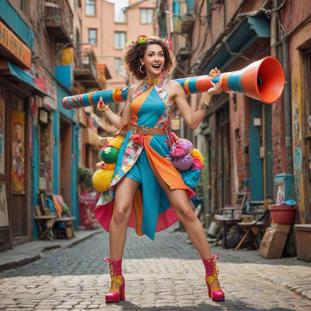 A playful woman holds a bazooka with a mischievous grin, her pose exaggerated and cartoonish. She’s dressed in a colorful, quirky outfit with oversized accessories, giving her a whimsical and fun appearance. The bazooka, although large, is designed in a cute, almost toy-like style, adding to the humorous and lighthearted vibe of the scene. The background is bright and cheerful, enhancing the overall playful atmosphere.
We share ALL our prompts in the Bing Image Prompts group: