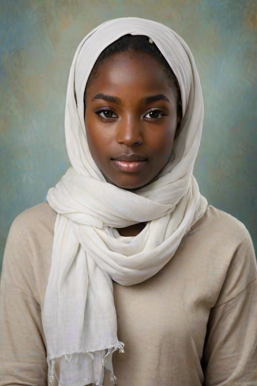 Create a portrait of a young Nubian female with long, dark hair and captivating hazel eyes. She is wearing a white headscarf and a matching scarf draped gracefully around her neck. The background is softly blurred, focusing attention on her serene and natural expression. The overall color palette is muted and warm, enhancing the intimate and authentic feel of the portrait.