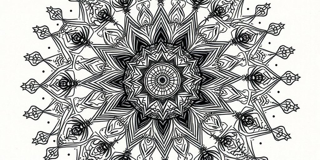 Intricate blackwork mandala tattoo called "Cosmic Geometry" with precise linework forming intricate patterns radiating outward, incorporating sacred symbols and dotwork shading for depth