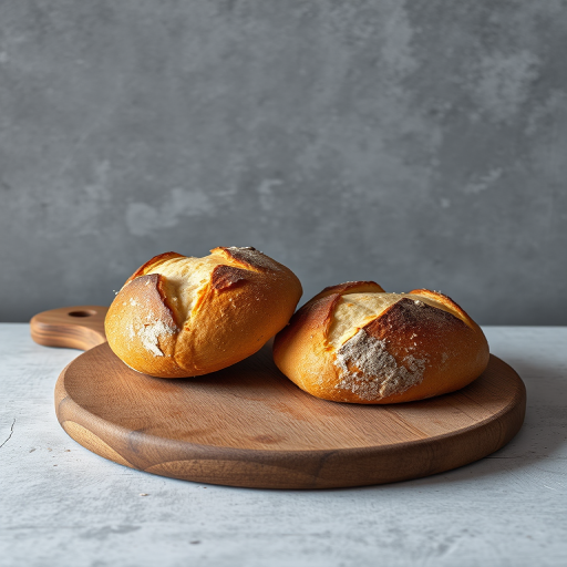 still life photography of two rustic bread rolls on a wooden board against a textured grey background, taken with a Canon EOS R5, 50mm lens, f/2.8 aperture, 1/200s shutter speed, ISO 200, natural light, soft focus, minimalistic style
