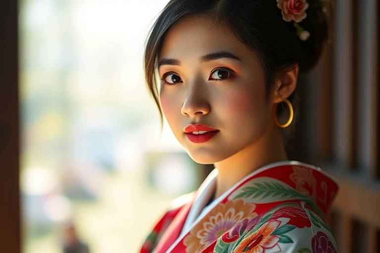 Create a high-resolution portrait of an Asian woman wearing a traditional kimono, soft natural lighting, 50mm lens, f/1.8 aperture, shallow depth of field, shot from a slightly low angle, Nikon D850 camera, realistic skin textures and vibrant colors.
