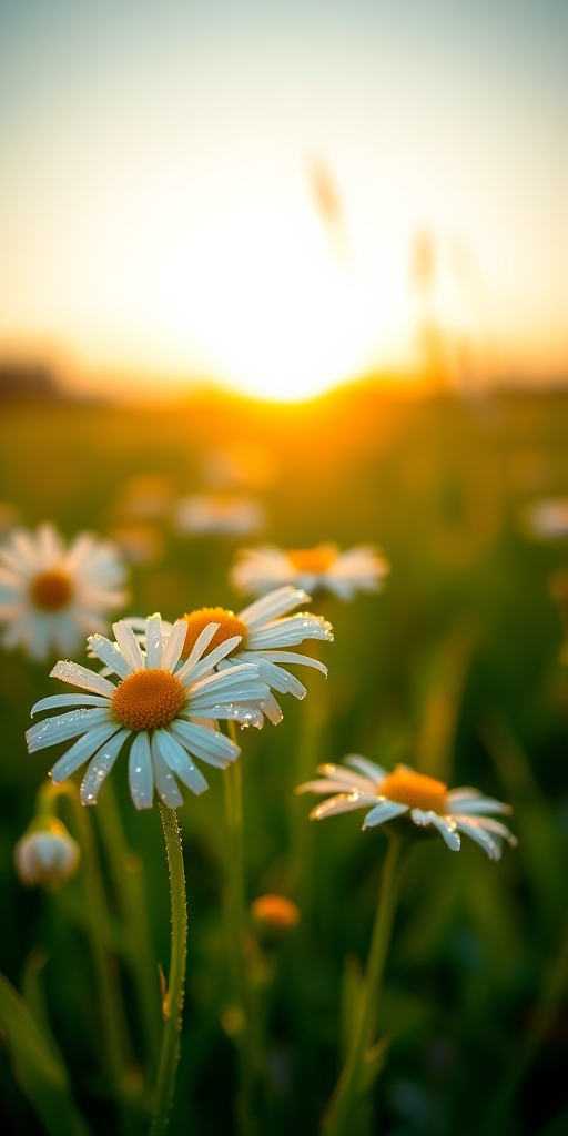 Create a close-up shot of dew-covered daisies in a vibrant green field during golden hour with soft bokeh in the background, using a DSLR camera at f/2.8, 50mm lens, ISO 100, shutter speed 1/200s, natural light to enhance image quality.