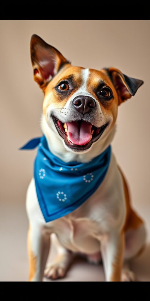 dog with a playful expression wearing a blue bandana on a neutral background, captured with a DSLR camera, 50mm lens, f/1.8 aperture, 1/200s shutter speed, ISO 200, natural lighting for enhanced detail and depth.