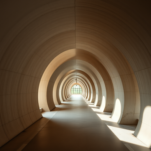 interior of an abstract architectural corridor with smooth concrete curves, soft natural light filtering through the arches, high resolution, shot with a Canon EOS R5, 24mm lens, f/2.8 aperture, 1/125 sec shutter speed, ISO 100, wide-angle perspective, HDR processing for enhanced detail and contrast