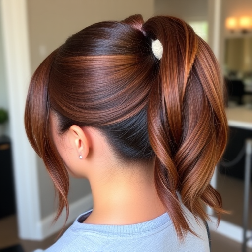 Rich mahogany locks styled in a sleek, high ponytail with a wrapped base, called "Cinnamon Spice," showcasing a glossy finish and subtle caramel lowlights throughout