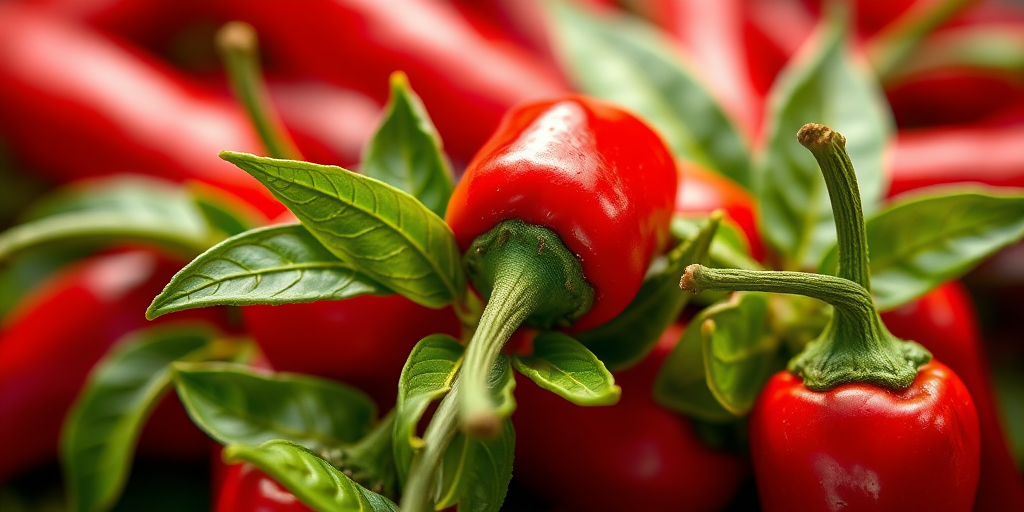 red chili pepper illustration with green leaves, high-resolution, macro lens, shallow depth of field, bright natural lighting, DSLR camera, focus on details