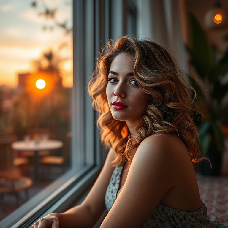 Regenerate an image of a woman with soft curls sitting by a window during sunset, with a dreamy expression, surrounded by a lush interior, using a DSLR camera with a 50mm lens, aperture f/1.8, ISO 100, and natural light for enhanced colors and a bokeh effect.