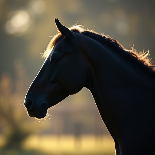 Create a high-resolution artistic rendering of a horse silhouette, utilizing a soft focus with a Canon EOS R5 camera, 50mm f/1.2 lens, aperture set to f/1.8, ISO at 100, in natural light with a slight side angle view to enhance the elegance of the horse's profile.