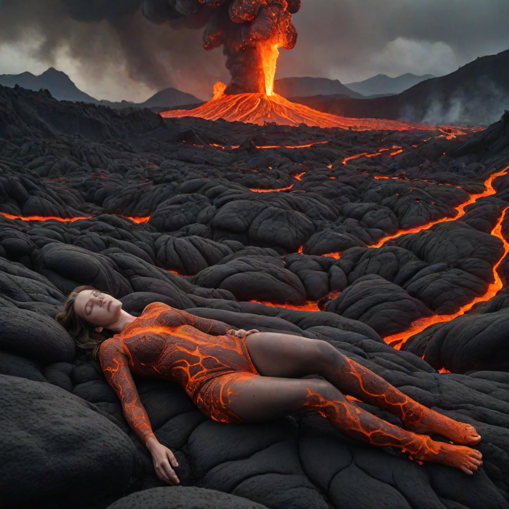 A surreal, detailed image of a woman lying comfortably in flowing lava, with gray smoke rising around her. She appears relaxed despite the molten surroundings, with a volcanic landscape and distant mountains in the background. The scene is vivid, with the bright lava contrasting against the dark, smoky atmosphere.
